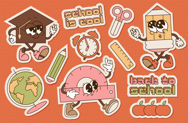 Fototapeta premium Back to school retro groovy stickers pack. Vintage Education conception. Funky cute stationery characters. Contour flat Vector illustration.