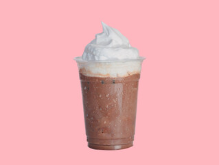Ice chocolate Frappuccino with whipped cream in to go glass, takeaway or take out cup isolated on...