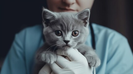 In a medical animal clinic  a veterinarian doctor cradles a small gray Scottish kitten in his arms. Generative AI