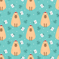 Merry Christmas capybara seamless. Cute cartoon capybara with christmas gifts and snow