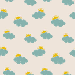 Hand drawn sun and cloud seamless pattern. Hand drawn textured lino cut style summer illustrations backdrop. Playful cute pinky wallpaper.