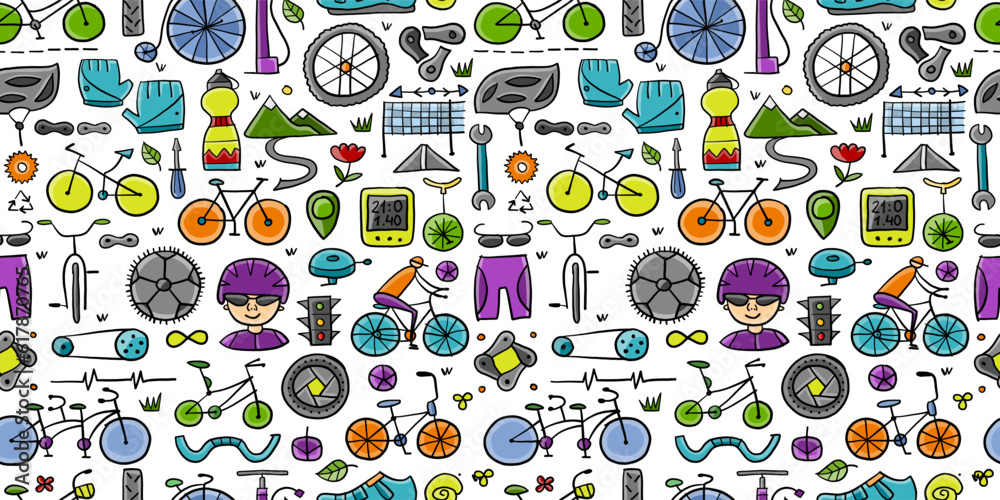 Aufkleber bicycle time. types of bicycles, tools and spare parts. seamless pattern background for your design