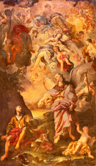 NAPLES, ITALY - APRIL 21, 2023: The painting of Archangel Raphael and Thobias in the church Chiesa dei Santi Severino e Sossio by Francesco Peresi (1713).
