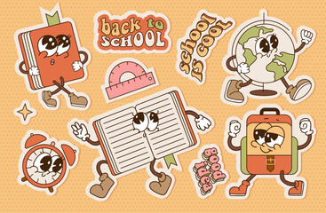 Retro cartoon stationery characters set in groovy 70s-80s retro style. Vintage sticker pack template design with funny quotes. Contour flat vector illustration