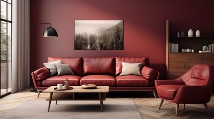 Mockup living room interior with wine red sofa,door ,table,lamp.3d rendering