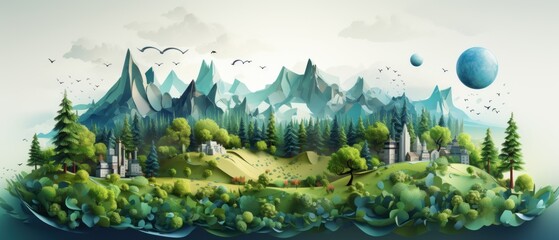 Environment illustration. A vibrant ecosystem surrounding the globe. Planets with lush green forests and snow-capped mountains. Generative AI