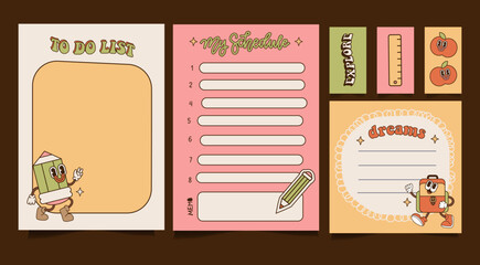 To do list, schedule etc templates set. Groovy daily planner, vintage note paper decorated with retro 70s groovy cartoon characters. Vintage scheduler or organizer. Vector flat linear illustration.