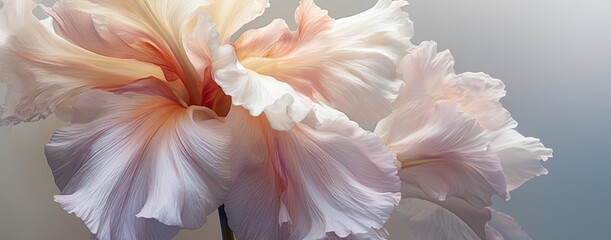  abstract fantasy bearded iris falowers Muted glow opal white color margarite slight pink streaks pastel toned background.