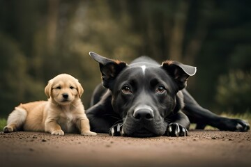 golden retriever puppy with black dog, By Generative Ai