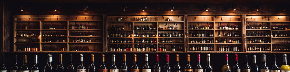Wine shop banner, large number of bottles aligned on store shelf - obrazy, fototapety, plakaty