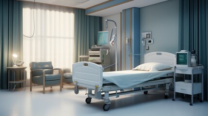 Fototapeta na wymiar Hospital recovery room with beds. 3d rendering
