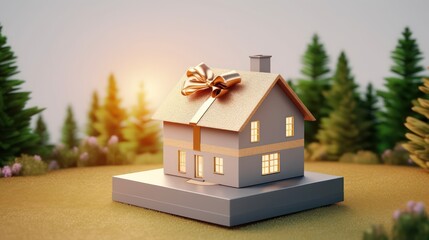 House and land in a gift box with gold ribbon.3d rendering
