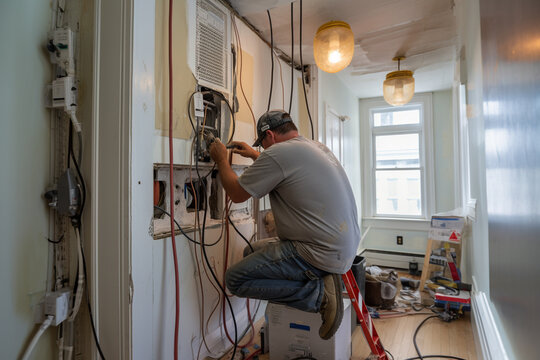 Worker repairing and tuning electrical system, renovation at home, working on main panel