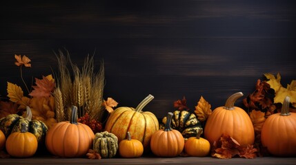 Autumn composition with dry leaves and ripe pumpkins on a dark background created with Generative AI technology