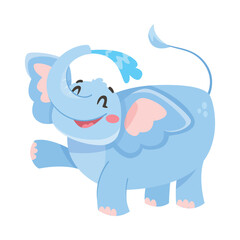 Cute Blue Elephant Character Splashing with Water Vector Illustration
