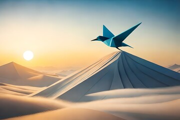 origami bird in the sky at the time of sunset , By Generative