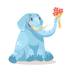 Cute Blue Elephant Character Sitting with Flower Bouquet Vector Illustration