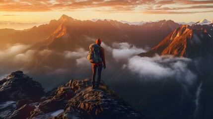 Naklejka na ściany i meble Experience the thrill of adventure with this breathtaking shot of a solo hiker conquering a rugged mountain peak at sunset. Generative ai.