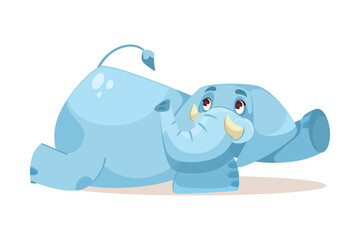 Cute Blue Elephant Character Lying on the Ground Vector Illustration