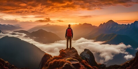 Experience the thrill of adventure with this breathtaking shot of a solo hiker conquering a rugged mountain peak at sunset. Generative ai.