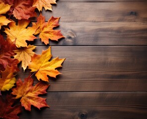 Naklejka na ściany i meble Background yellow autumn leaves on the background a dark wood created with Generative AI technology