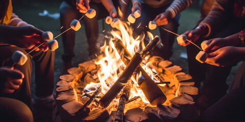 Close up cozy camping scene with a flickering campfire surrounded by friends, roasting marshmallows, and sharing stories under a starry night sky - obrazy, fototapety, plakaty