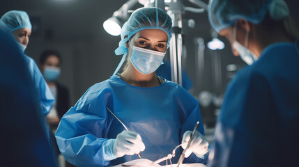 Healthcare worker in a surgical gown, surrounded by medical equipment and holding a medical tool, while a compassionate nurse in scrubs assists them