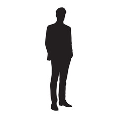 Business man in suit standing, front view, isolated vector silhouette