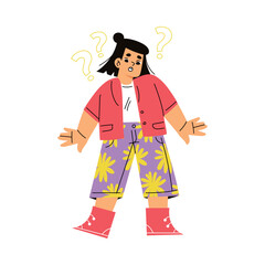 Cute Emotional Girl Child Feeling Puzzled with Face Expression and Gesture Vector Illustration