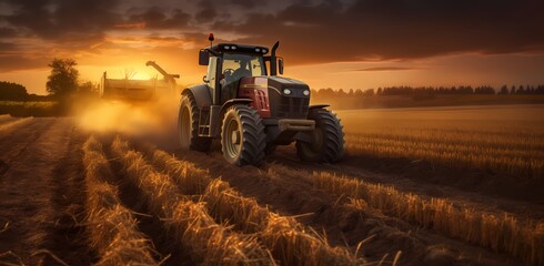 Fototapeta premium Sunset in the countryside. Tractor on a large field, creating beds to sow seeds into purified soil. The agricultural vehicle. Generative Ai.