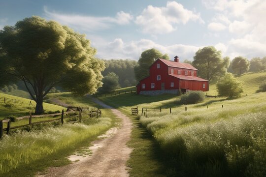 A rural landscape with a traditional red barn and rolling hills, Generative AI
