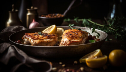 Grilled fillet of white meat with lemon and herb sauce generated by AI