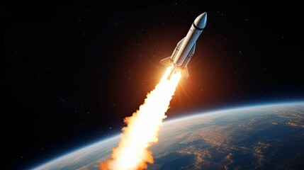 Rocket spaceship flies in space. New planet. Future