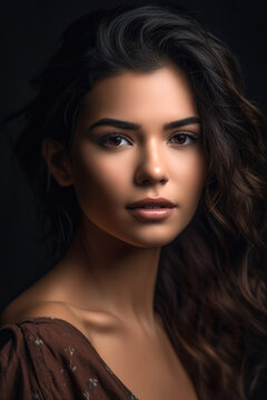 Pretty young latin woman looking at camera. Composite with different elements made with generative AI