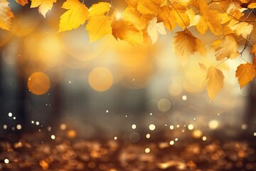 Naklejka na ściany i meble Autumn leaves decoration blurred background, wide panorama format created with Generative AI technology