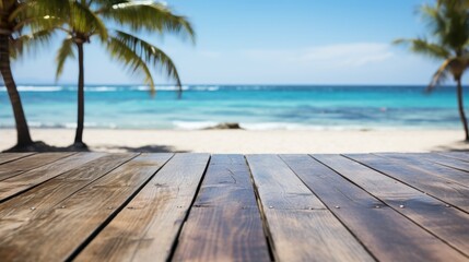 Empty wooden table with a summer sea and palms