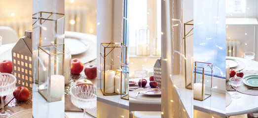 New year collage. Burning candles, table decoration, bokeh, snowy windowsills, electric retro lights