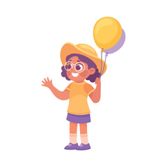 Entertainment with Little Girl Standing with Toy Balloon in Amusement Park Vector Illustration