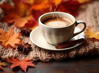 Fototapeta premium Coffee cup with autumn leaves and knitted sweater on wooden table. created with Generative AI technology