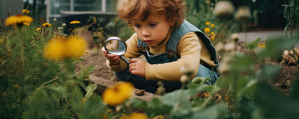  A young child candidly explores with magnifying glass in the garden flowers. generative ai