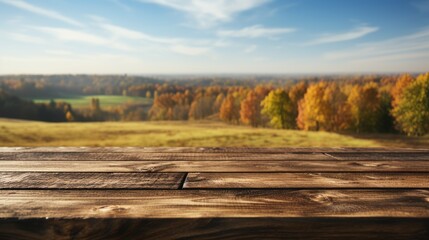 Naklejka na ściany i meble Empty wooden table with a serene meadow and trees