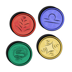 Set of coins. Coin icons with libra, balance, scales, snake, heart. Vector illustration isolated. Red, blue, yellow and green colors. Game money elements.