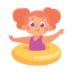 Entertainment with Little Girl with Rubber Ring in Amusement Aqua Park Vector Illustration