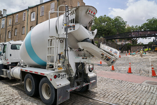 Cement truck on the road to Constuction site in Savannah Georgia Historical District on River Street 