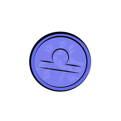 Blue coin icon with libra, balance, scales icon. Vector illustration isolated. Game element.
