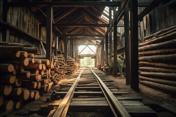 Pile of pine logs in a sawmill. Generative ai image.