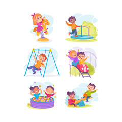 Fototapeta premium Kids in Amusement Park Engaged in Different Entertainment Sliding and Riding Vector Set