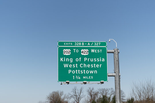 sign on I76, Schuylkill Expressway,  for Exits 328 B, A and 327 for US 202 to US 422 West King of Prussia, West Chester, and Pottstown, Pennsylvania,