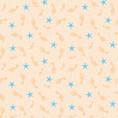 Seamless pattern of human footprints and starfish on the beach sand. Vector illustration in flat style