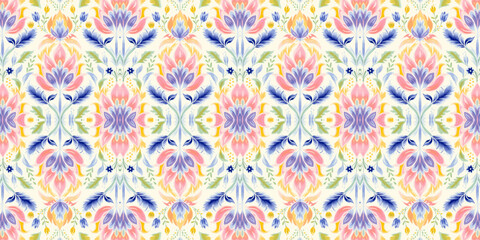 Seamless batik pattern, Seamless floral batik pattern, and Seamless motif pattern resemble ethnic boho, Aztec, and ikat styles. designed for use in satin, wallpaper, fabric, curtain, carpet, Batik Emb